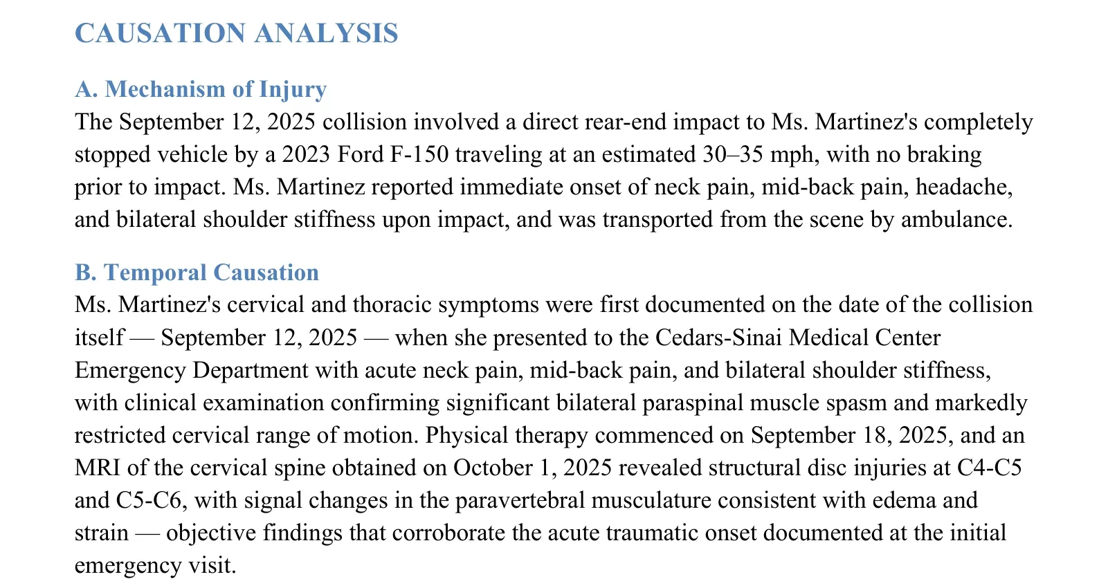 Causation analysis section of an AI-drafted personal injury demand letter, covering mechanism of injury and timing of symptoms