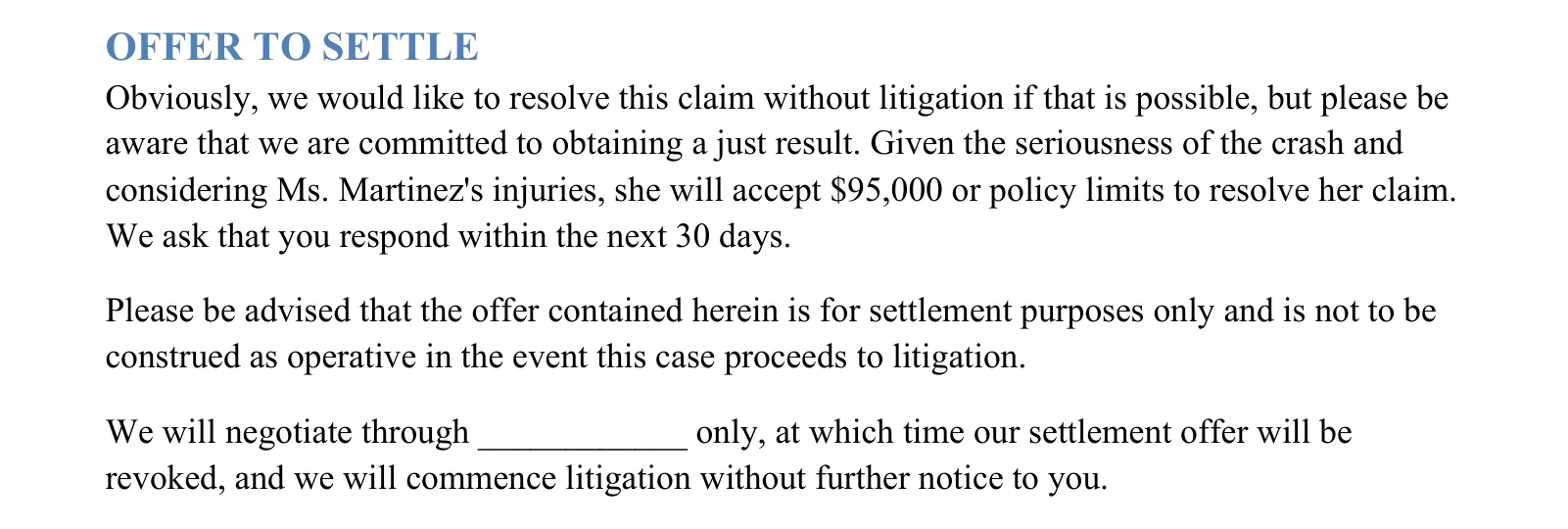 Offer to settle section of a California personal injury demand letter asking for a stated amount or policy limits within 30 days