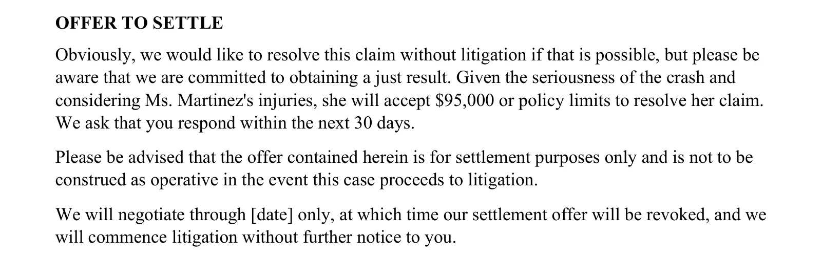 Offer to settle section of a personal injury demand letter template asking for a stated amount or policy limits within 30 days
