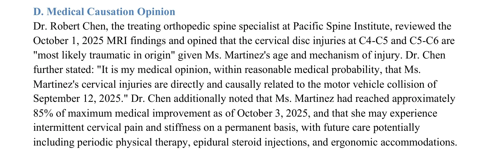 Medical causation opinion section of a personal injury demand letter quoting the treating spine specialist on traumatic origin