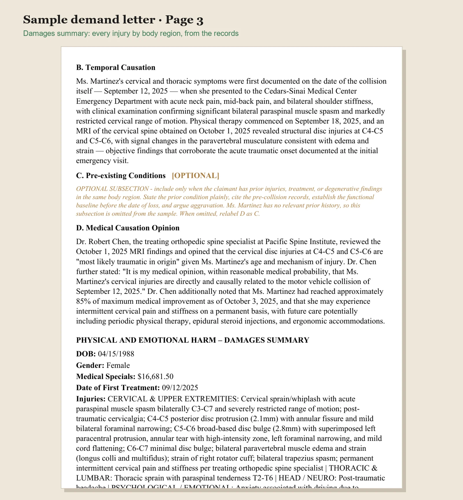 Damages summary page of a personal injury demand letter listing every injury by body region, built from a medical record review