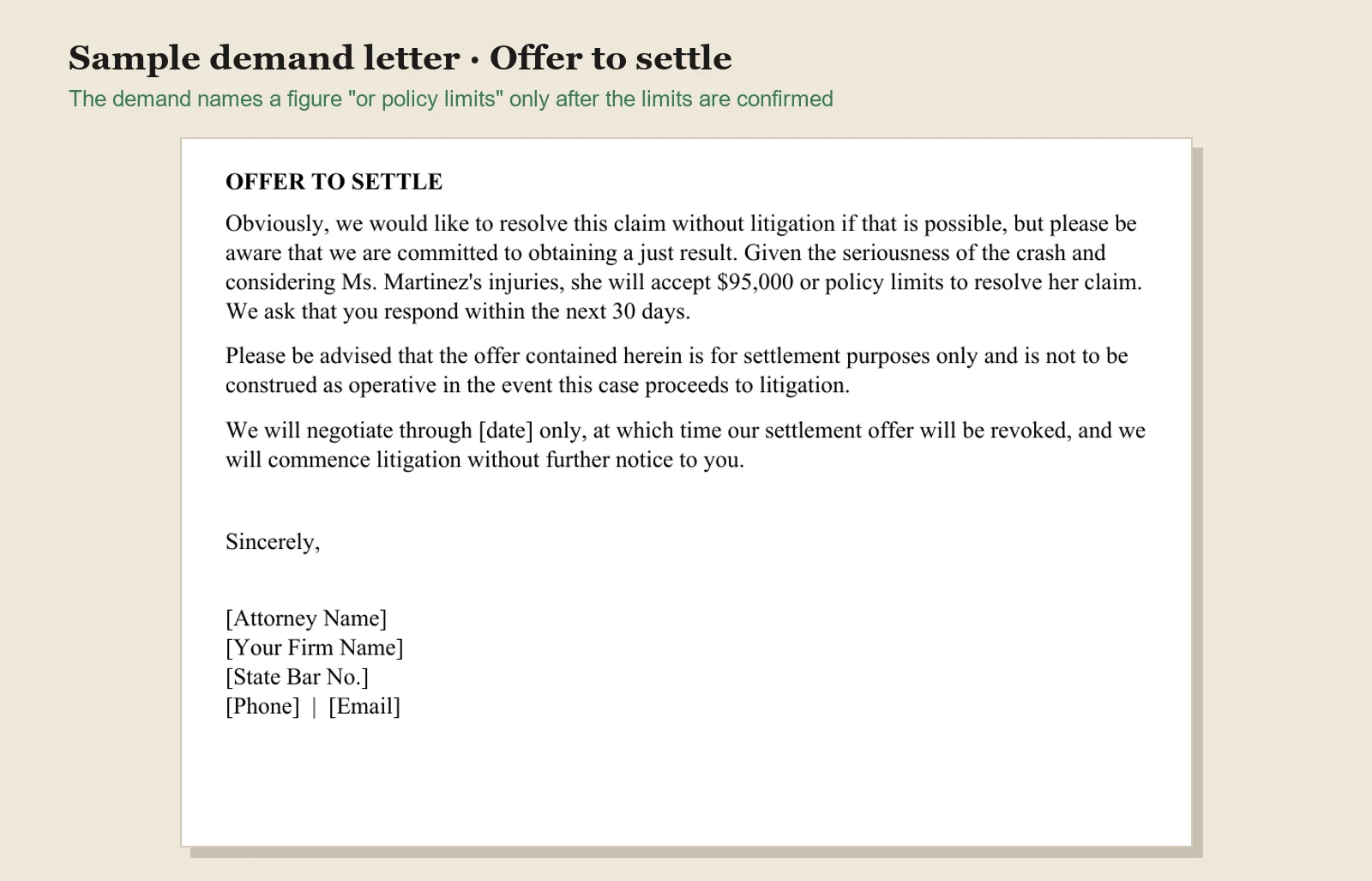 Offer to settle section of a personal injury demand letter demanding a figure or policy limits with a 30-day deadline