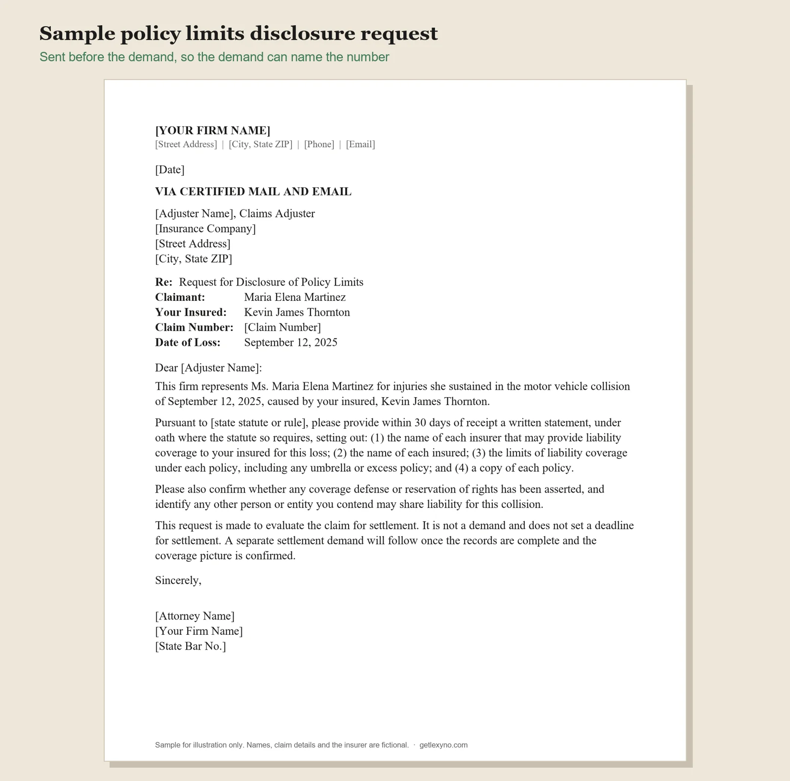 Sample policy limits disclosure request letter to an insurance company, asking for every liability policy, named insureds, limits, umbrella and excess coverage