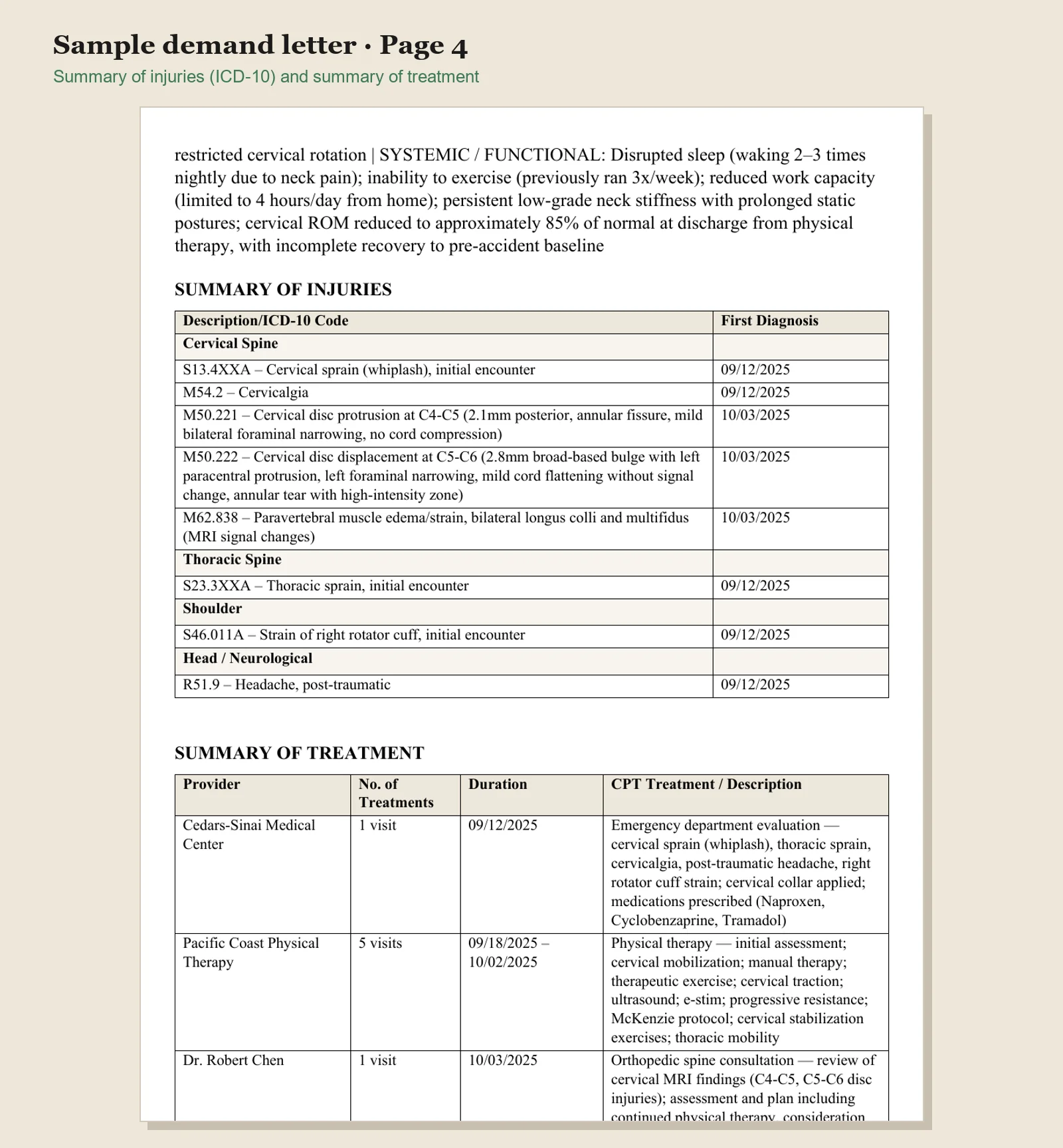 Bodily injury demand letter tables: summary of injuries with ICD-10 codes and summary of treatment by provider