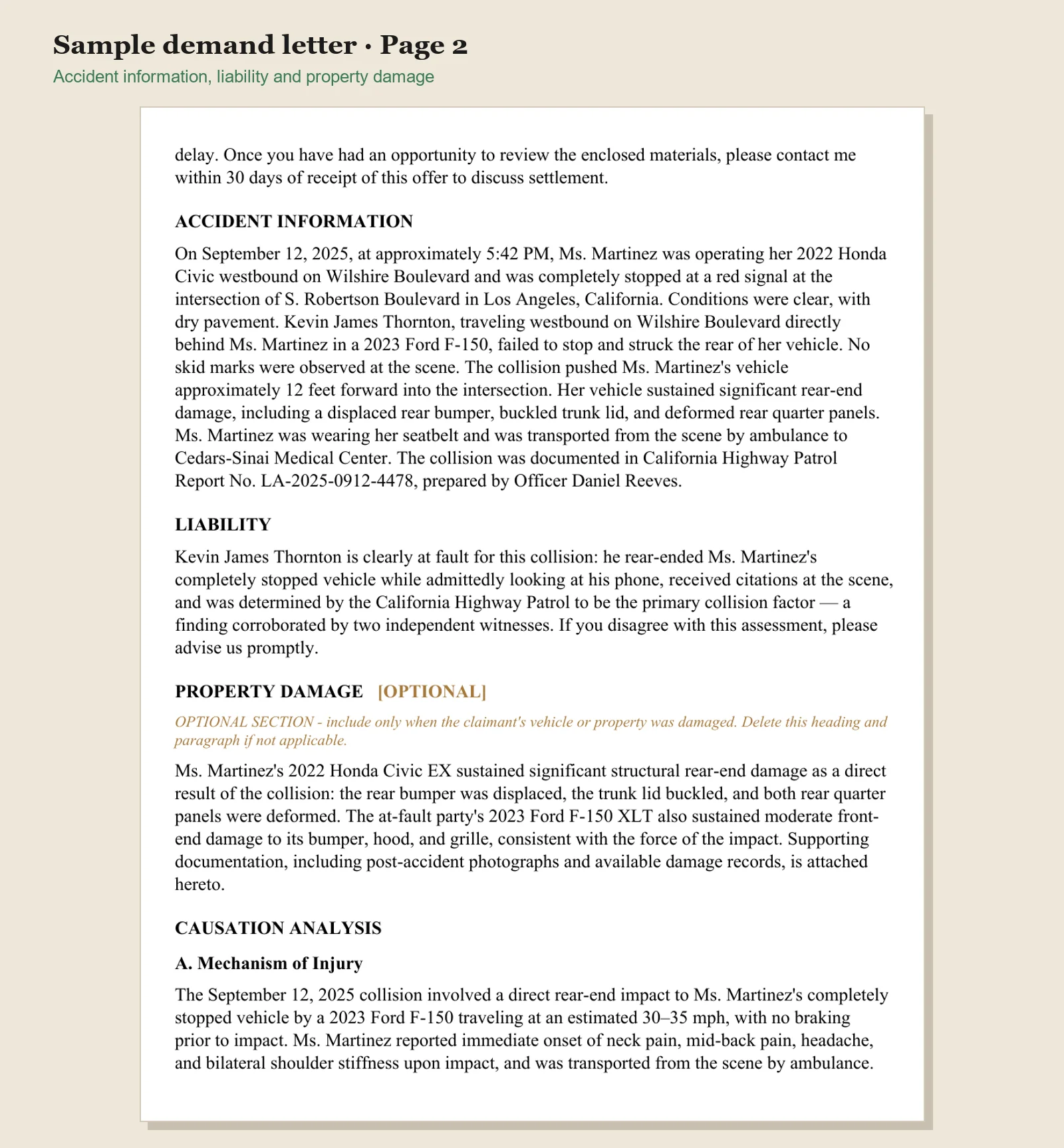 Car accident demand letter sample page showing accident information, liability and property damage sections