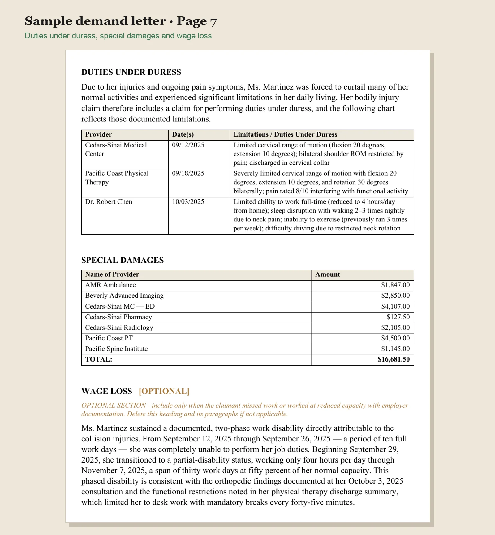 Auto accident demand letter template page with duties under duress, special damages total and wage loss