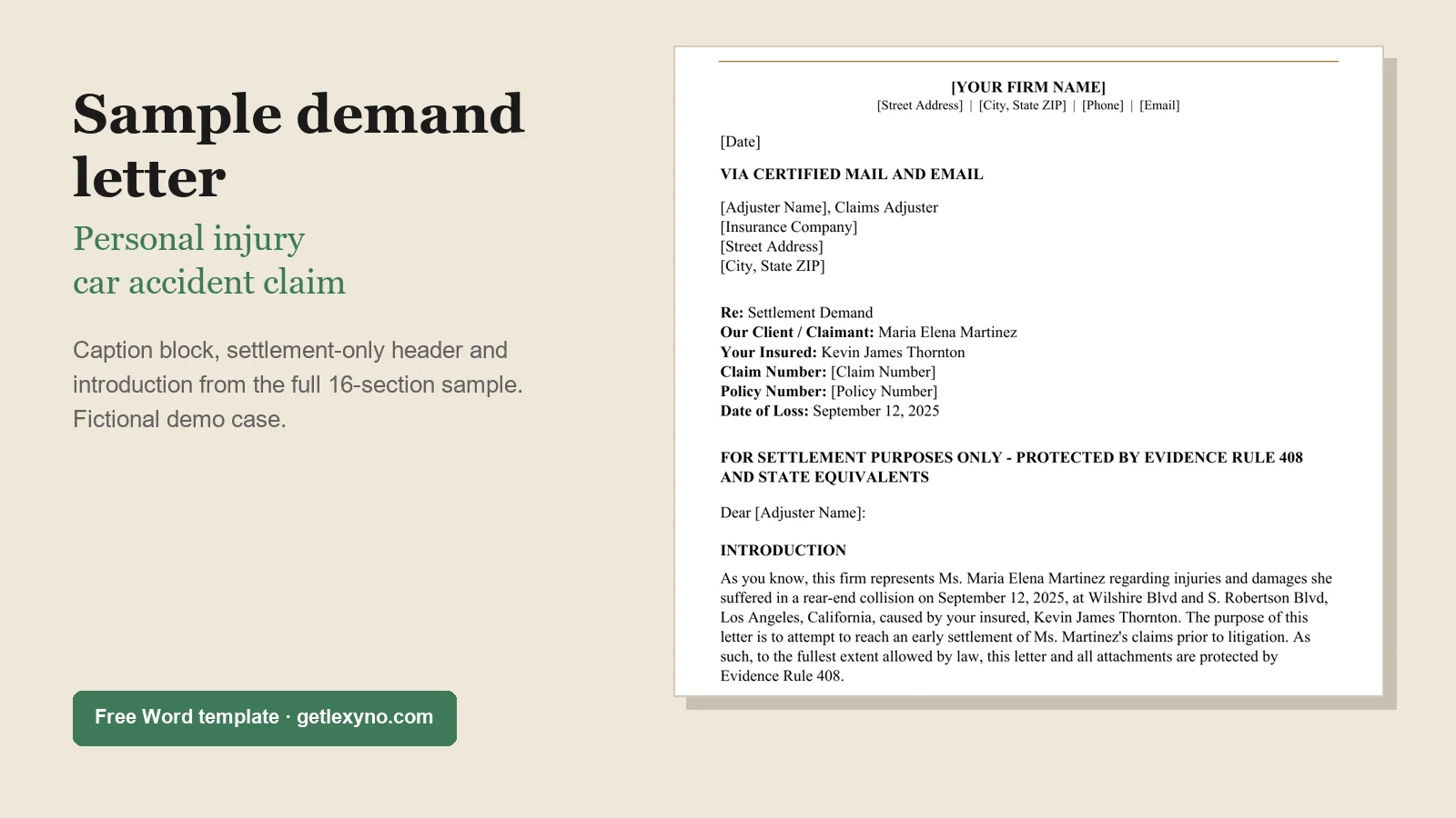 Sample demand letter for a personal injury car accident claim: first page with caption block, Rule 408 header and introduction